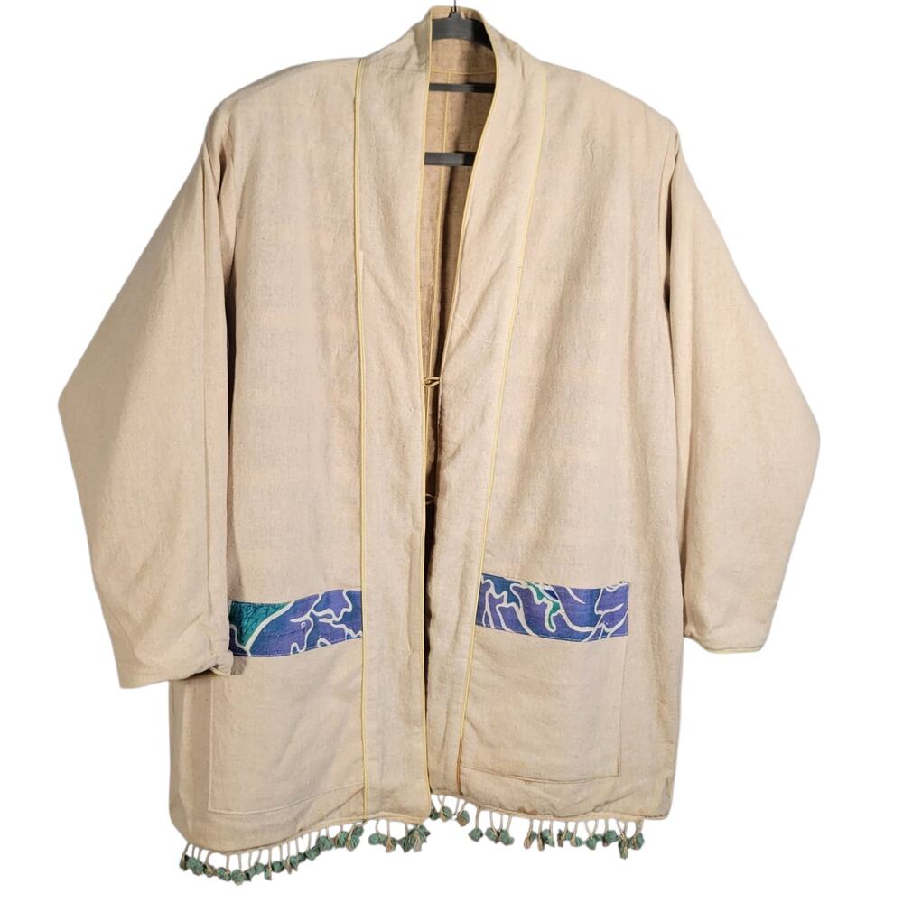 Vintage Reversible Boho Kimono Jacket Fringe Patchwork Cotton L - Picture 5 of 8